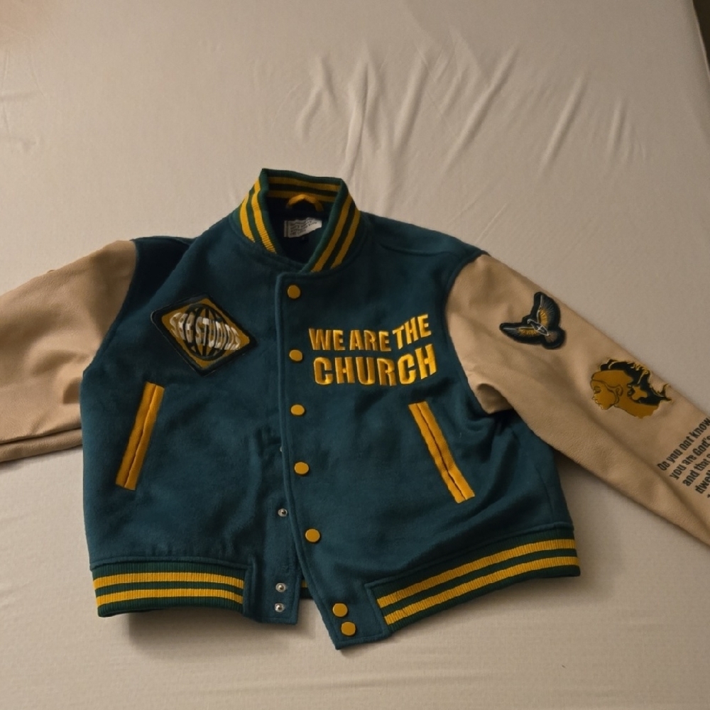 Green and Cream Varsity Jacket with Ribbed Collar and Patches